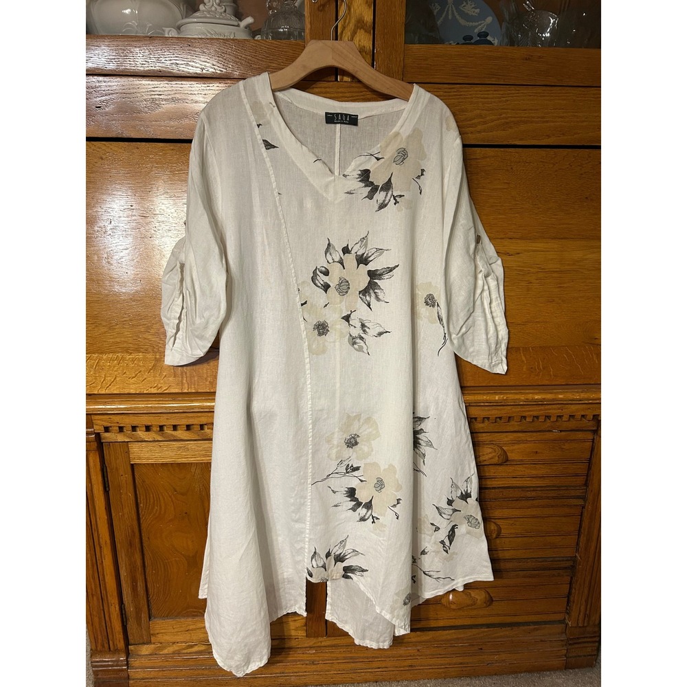Saga Italy Womens White Linen Floral Tunic Top Roll Tab Sleeve Handkerchief Hem